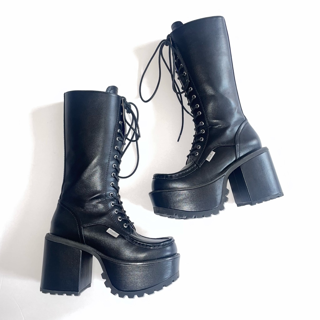 Black Platform Lace-Up Mid-Calf Yosuke Goth Chunky Boots